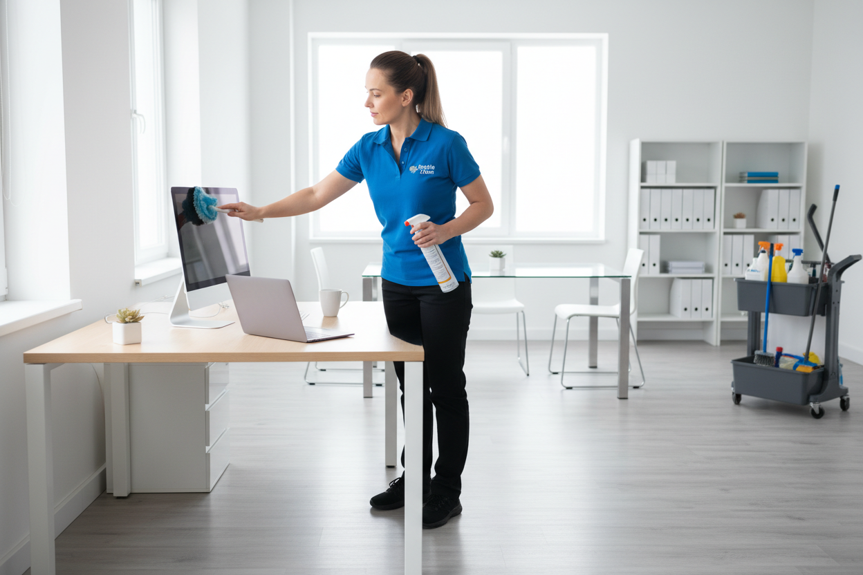 Janitorial worker cleaning a single office room