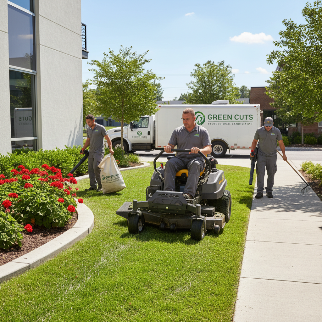 Worker mowing a small lawn with edging