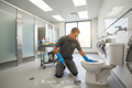 Professional janitorial worker deep cleaning a commercial restroom