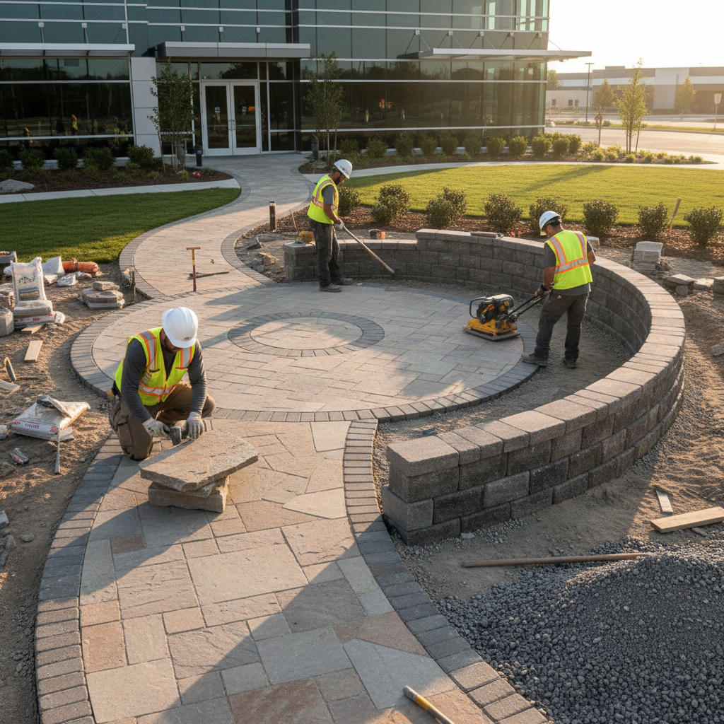 Workers installing stone walkway and patio on commercial property