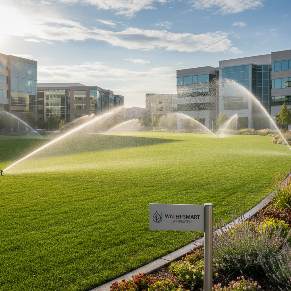 Efficient irrigation system running on healthy green commercial landscape