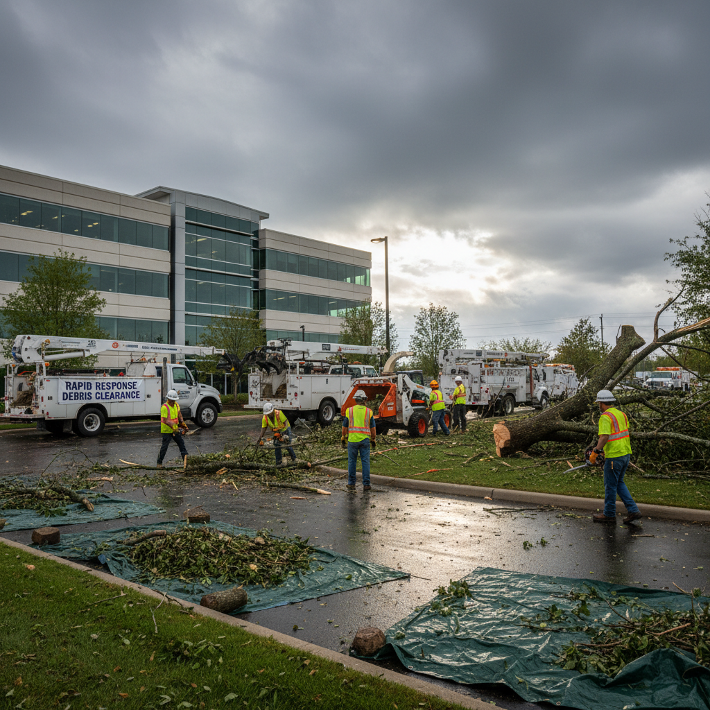 Crew clearing storm debris and downed limbs from commercial property