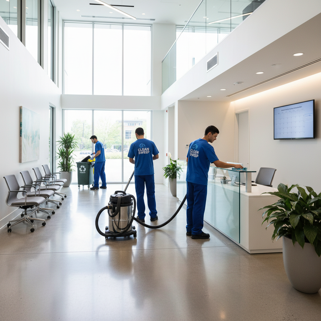 Professional janitorial crew on scheduled recurring contract visit
