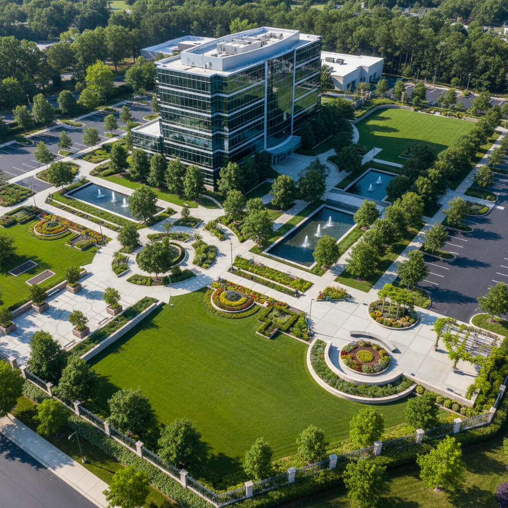 Aerial view of large commercial property with comprehensive grounds management