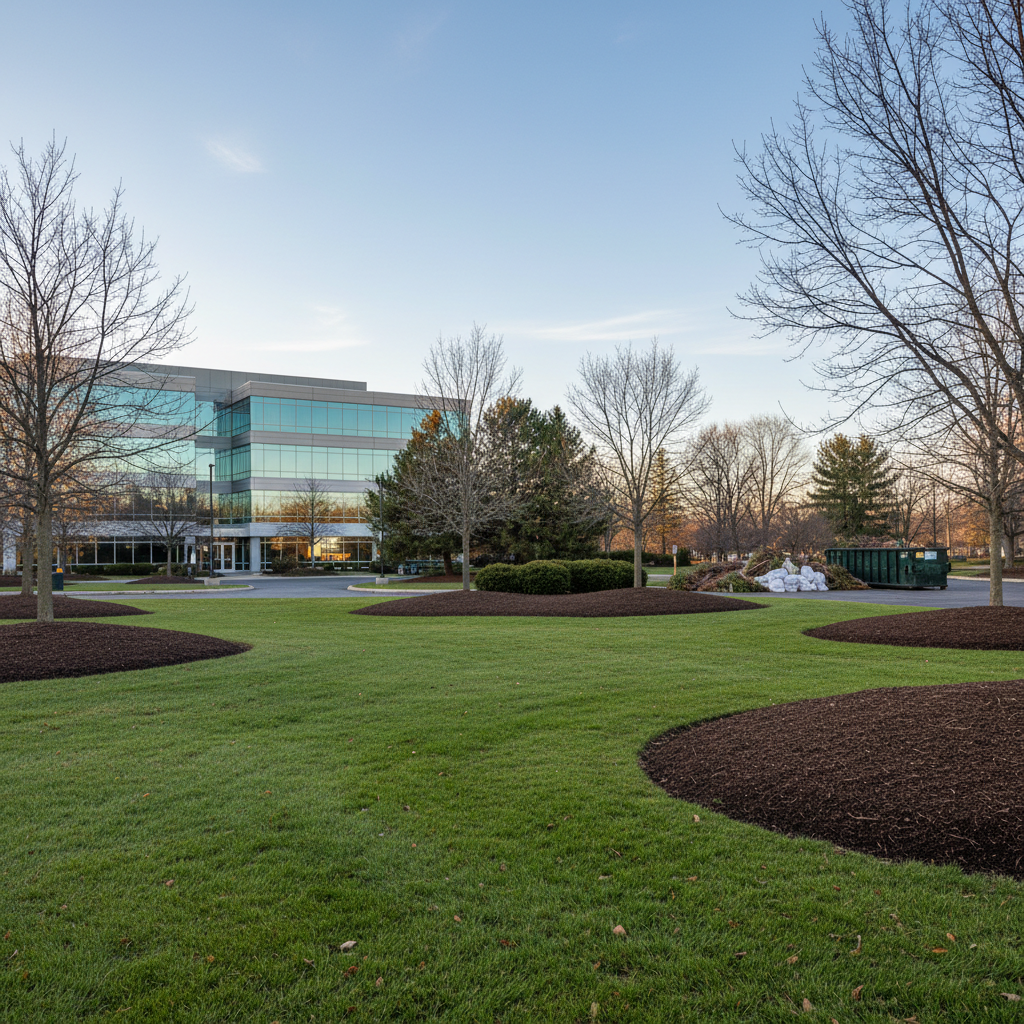 Clean commercial grounds after seasonal cleanup with fresh mulched beds