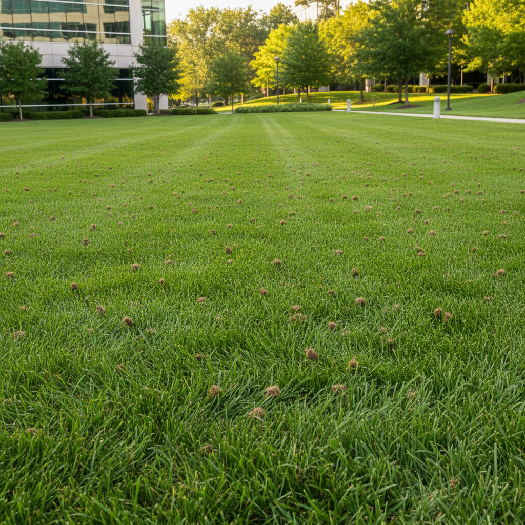 Lush green healthy turf after professional grass management program