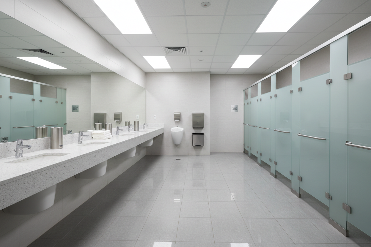 Spotless commercial restroom after professional deep cleaning service