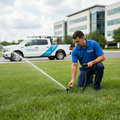 Technician installing irrigation system on commercial landscape