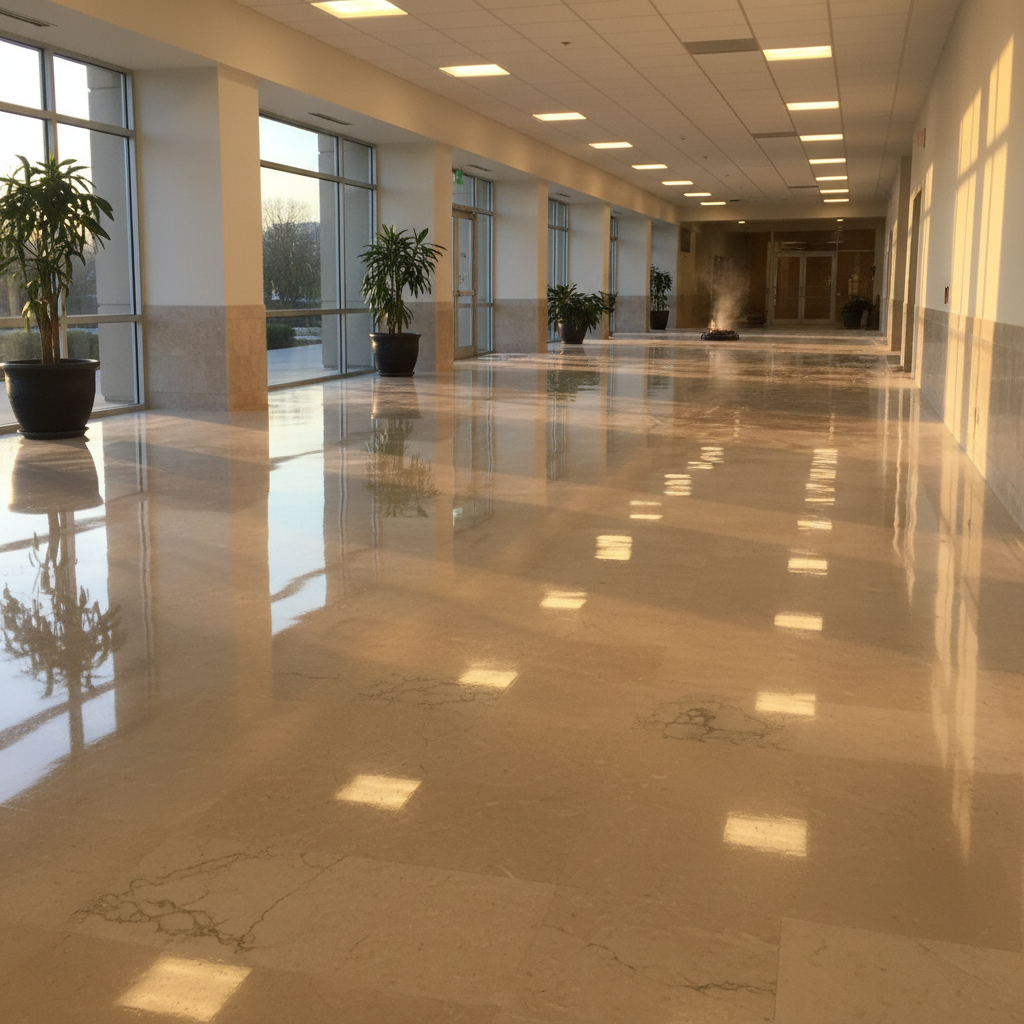 Gleaming waxed commercial hard floor after strip and wax service