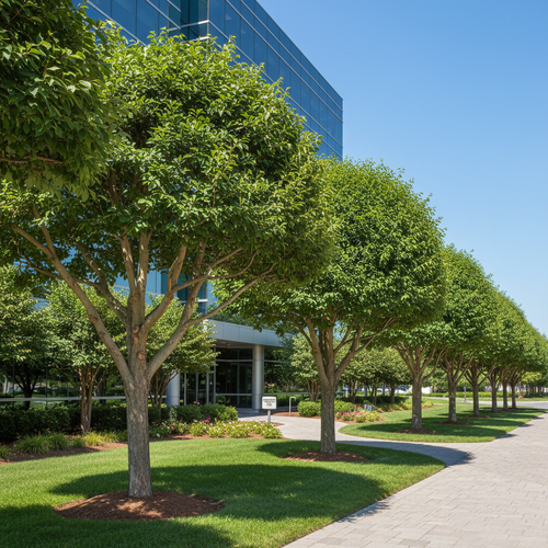 Neatly trimmed commercial property trees after professional pruning