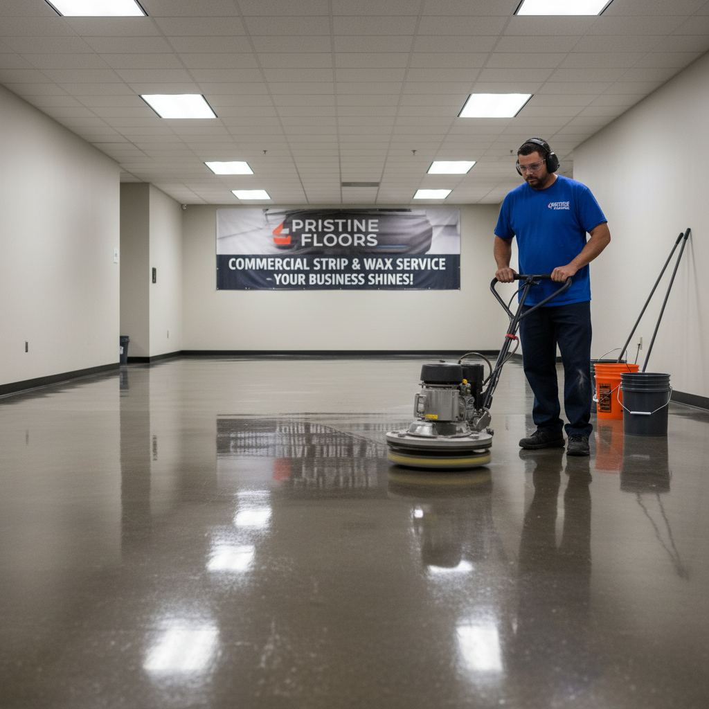 Worker buffing and waxing commercial hard floor