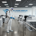 Worker disinfecting high-touch surfaces in commercial facility