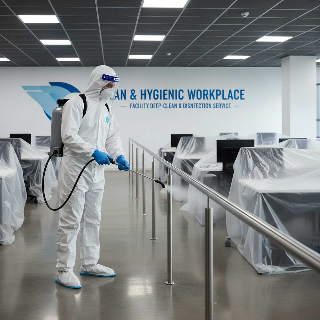 Worker disinfecting high-touch surfaces in commercial facility