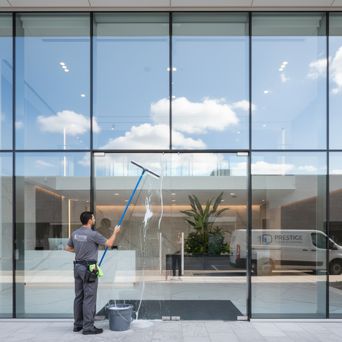 Worker cleaning lobby glass doors and windows