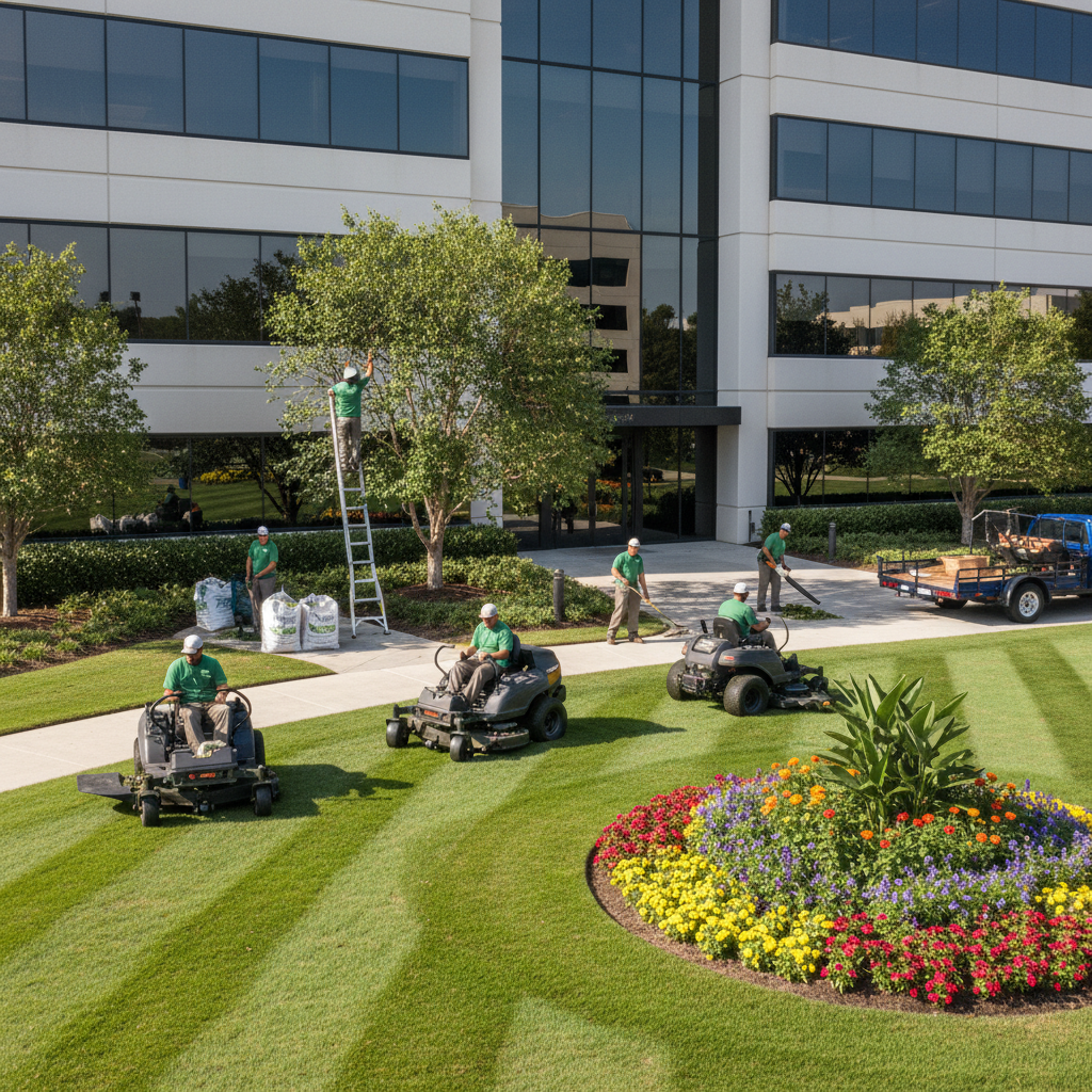 Crew performing monthly grounds maintenance on commercial property