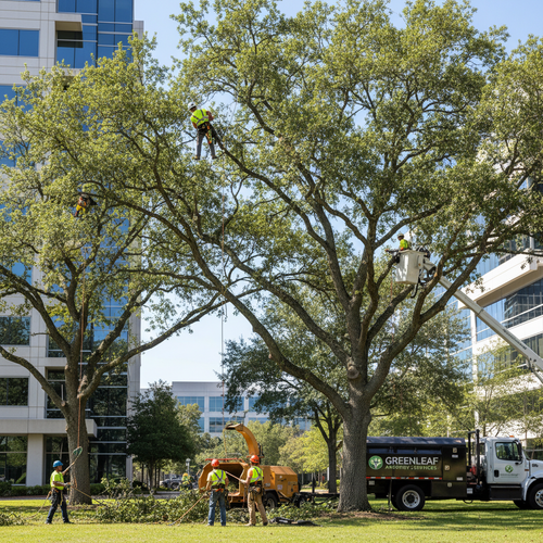 Trained crew trimming trees on commercial property